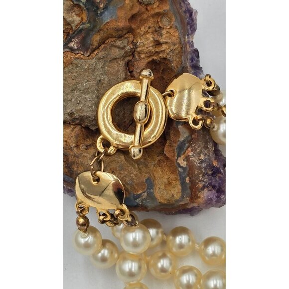 Vintage Triple-Strand Faux Pearl Bracelet w/ Gold Tone Toggle Clasp Hand Tied - Picture 2 of 7
